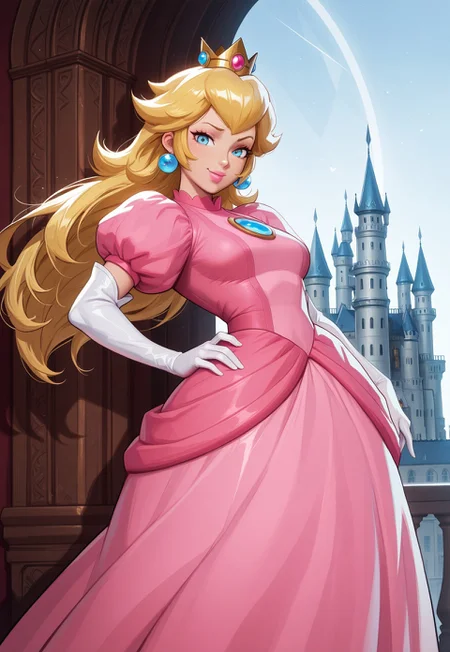 safe_pos, (score_9, score_8_up:1.1), score_7_up, 8k, masterpiece, high quality, extremely detailed, MarvelRivals, semi realistic, cartoon, 1girl, solo, princess peach, blue eyes, long hair, crown, pink dress, jewelry, earrings, white gloves, puffy sleeves, elbow gloves, puffy short sleeves, cold soft lighting, shiny skin, perfect reflection, perfect lighting, perfect shadows, perfect anatomy, perfect chest, perfect hips, perfect legs and feet, perfect hands, perfect face, perfect eyes, perfect waist, perfect body, perfect face shape, perfect mouth, perfect hair, perfect waist, best quality, detailed hair, expressive eyes, sexy, long legs, slim body, (castle,) seductive pose, raised eyebrow, seductive smile, leaning back, looking at viewer, side view, hand on hip, close up,