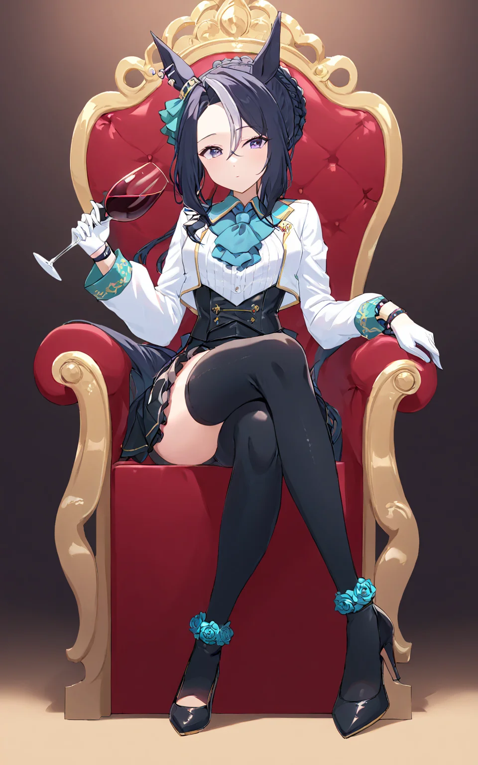 (masterpiece),(highest quality),highres,(an extremely delicate and beautiful),(extremely detailed), solo, Mejiro Ramonu \(umamusume\) wears ear piercing, white single glove, wristband, white shirt, blue ascot, open clothes, white cropped jacket, long sleeves, high-waist black skirt, frills, single black thighhighs, asymmetrical legwear, white and black footwear, high heels, asymmetrical footwear, mismatched footwear, full body. she sits on leather throne decorated by red rose and colorful flowers, crossed legs. she holds a cup of wine
<lora:UmaDiffusionXL-768x1024:1>