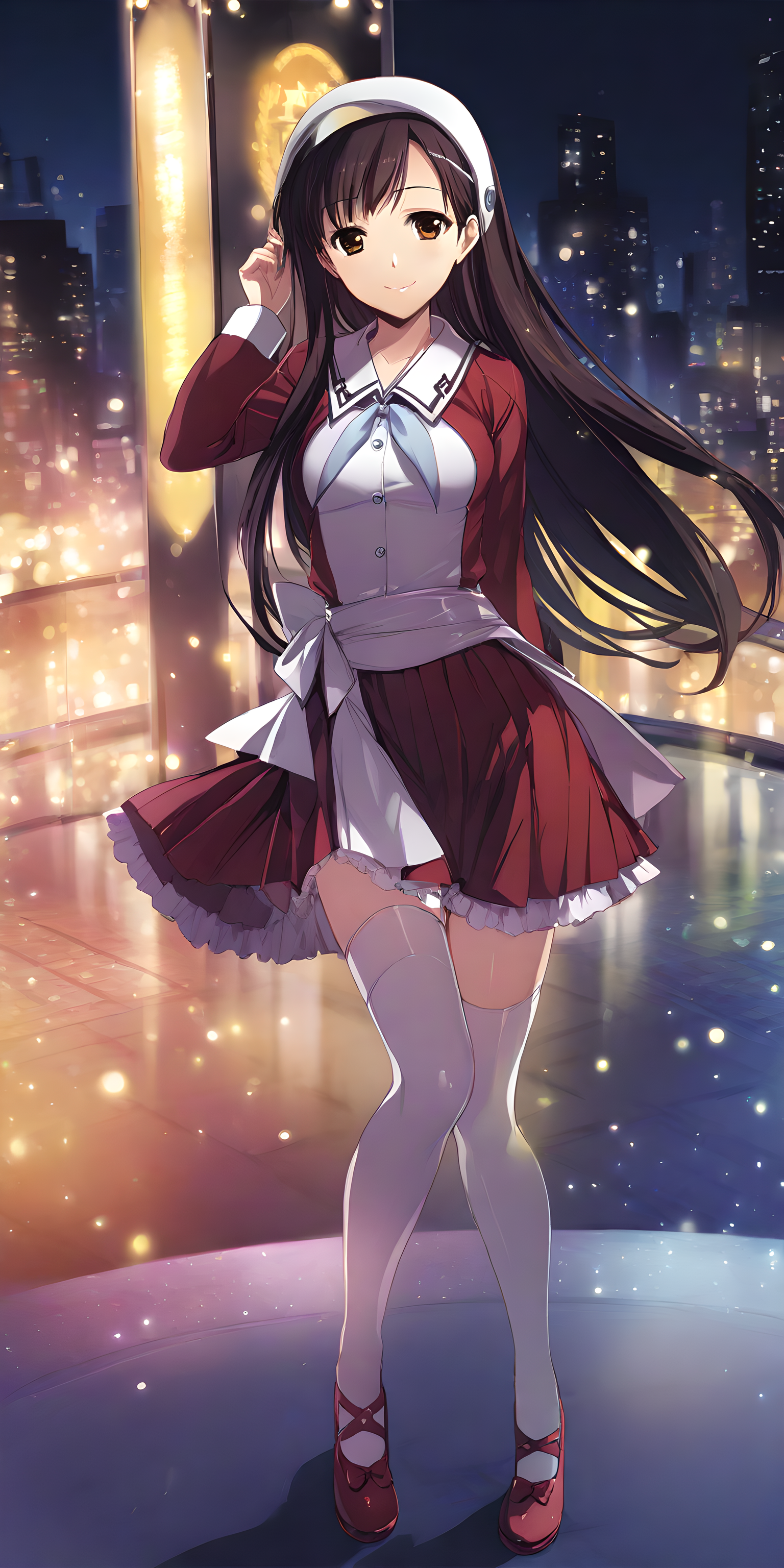 yuki_morikawa, 1girl, solo, thighhighs, long hair, white thighhighs, skirt, hairband, smile, stage background, shoes,  brown eyes, full body, white dress, red jacket, red skirt, <lora:XL-YukiMorikawa:1>