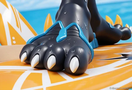 <lora:SlimesZeraora:1>, score_9, score_8_up, score_7_up, slimes_zeraora, solo, dark feet, 3 toes, foot focus, feet style, foot style, water, surfing, feet on surfboard, wet on feet, close-up