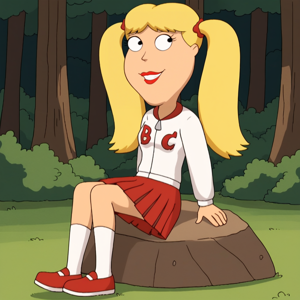 score_9_up, score_8_up, BREAK, Cindi, 1girl, solo, blonde hair, long hair, twintails, black eyes, lipstick, white jacket, red skirt, white socks, red shoes,  <lora:Cindi_FamilyGuy_PXL_Leaf1:1>, outdoors, forest, smile, sitting on rock,
