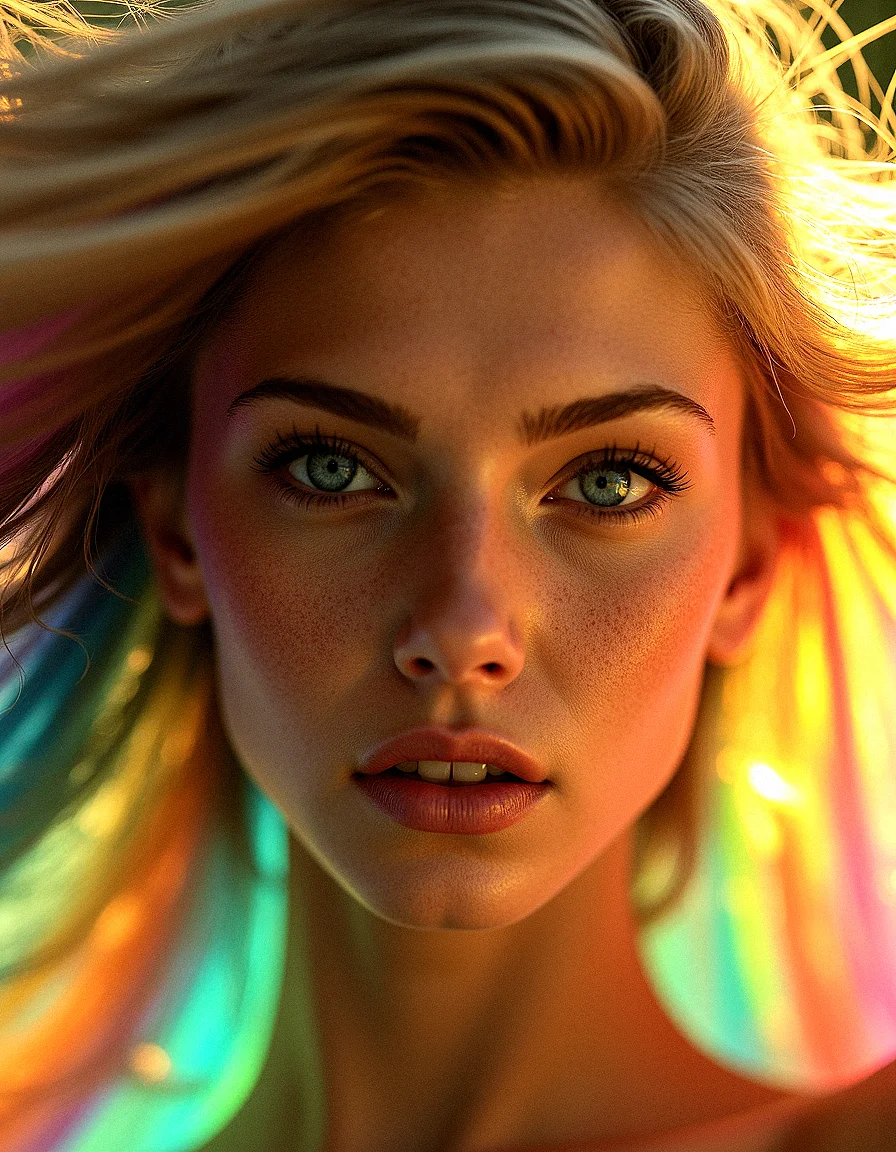 vintage style from 1930s,
Extreme realism in a complex, highly detailed composition featuring a woman with extremely long flowing rainbow-colored hair. The glowing background, with its vibrant colors, exaggerated details, intricate textures, and dynamic lighting, creates a whimsical, dreamy atmosphere in photorealistic quality.
Threads of light that float and weave through the air, adding movement and intrigue.
Patterns on the ground or in the background that glow subtly, adding a layer of complexity.Rainbows that appear faintly in the background, adding a touch of color and wonder.Butterfly wings that shimmer in the light, adding life and movement to the scene.Beams of light that radiate softly through the scene, adding focus and direction.Curtains of light that flow gently through the air, adding movement and a soft glow.
A close-up focusing on her wide, expressive eyes, with her hair flowing gently around her face.