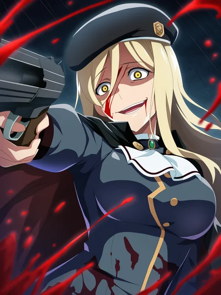 higurashimei, takano miyo, 1girl, solo, long hair, breasts, smile, open mouth, blonde hair, long sleeves, hat, holding, hair between eyes, jewelry, brown eyes, upper body, yellow eyes, weapon, teeth, holding weapon, cape, gun, black headwear, ascot, blood, beret, holding gun, rain, blood on face, blood on clothes, blood splatter, firing, crazy eyes, crazy smile, dark background, 
(masterpiece, best quality, absurdres, highres, newest:1.2), very awa, 