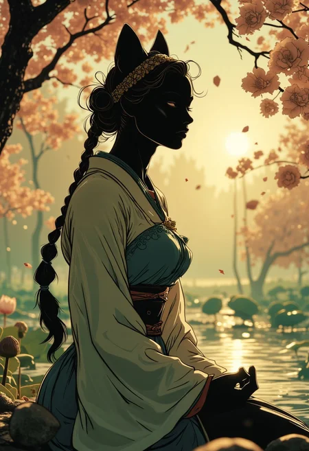 The black Silhouette of A serene female bounty hunter, reimagined in the style of a traditional Japanese Samurai geisha. She sits peacefully by a serene lotus-filled brook under a canopy of delicate cherry blossoms. Her eyes are closed, as if lost in meditation, exuding tranquility. Her fur is short and white, with a few faint battle scars, softened by the gentle light of the setting sun. A long, intricately braided headband flows down her back, swaying slightly with the breeze. She wears an elegant, flowing kimono in soft white and pastel blue hues, the fabric shimmering in the sunlight. The atmosphere is calm, with gentle sunbeams filtering through the cherry blossoms, casting a warm, ethereal glow on her figure as petals gently float down around her.