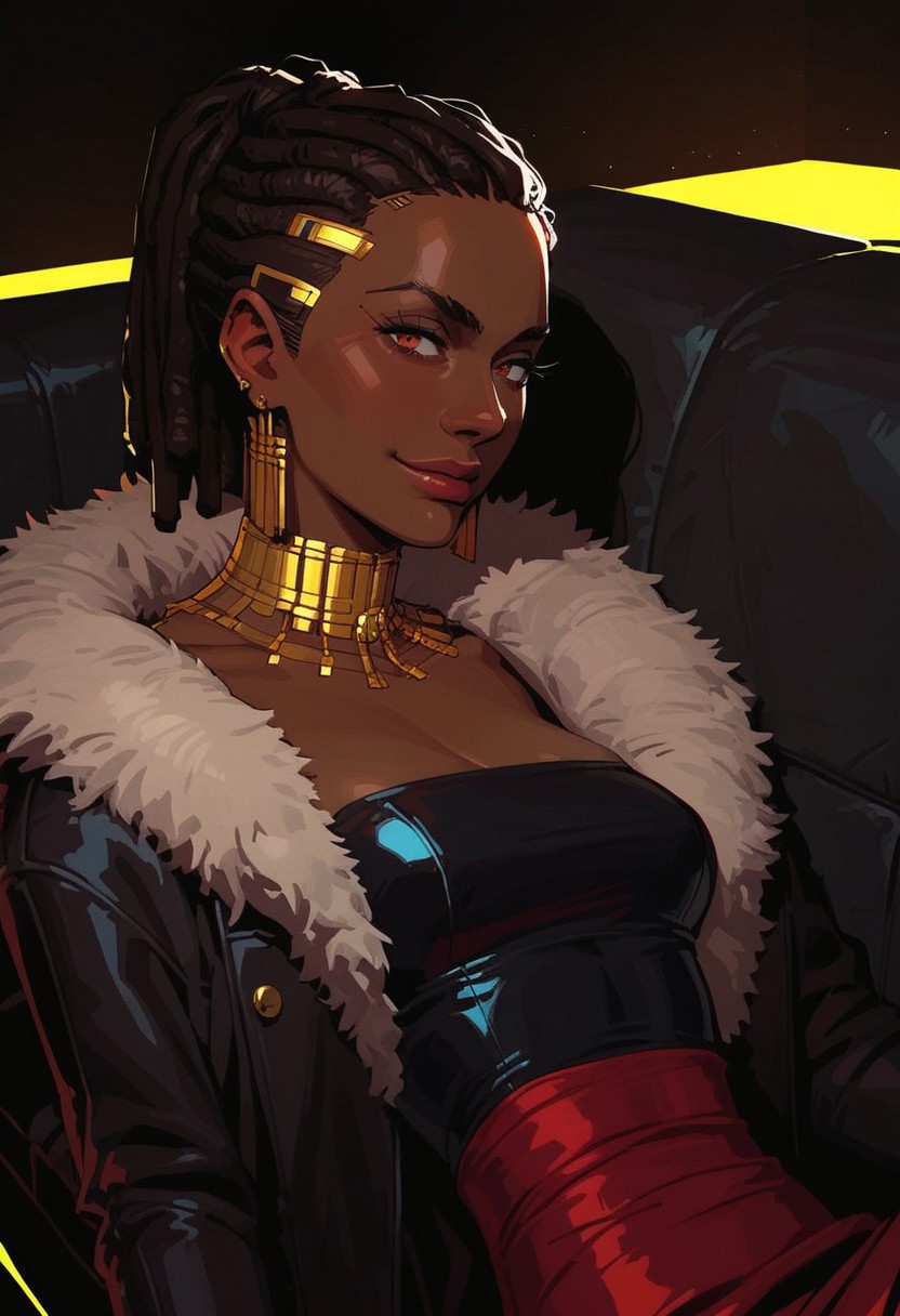 source_anime, score_9, score_8_up, score_7_up, masterpiece, 1girl, solo, perky boobs, slim figure, dark skin, african, dreadlocks, ponytail, red eyes, smirk, fancy dress, fur coat, gold, jewellery, lying on couch, lounging, leather couch, cyberpunk room, interesting angle:1.3,