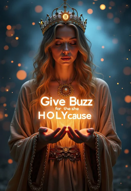 Portrait of holy goddess in a cosmic and extremely expensive environment holding a hologram mechanism, (glowing floating letters that form a phrase: 'Give Buzz for the HOLY cause')