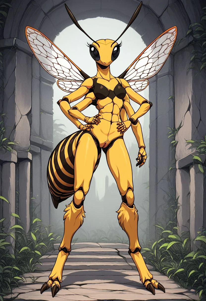 score_9, score_8_up, score_7_up, score_6_up, score_5_up, score_4_up,
source_anime, source_furry, source_cartoon, rating_explicit,
solo, female,
black and yellow body, fur, fluffy, furred body,
anthro,
arthropod, insect, black eyes, exoskeleton, joints,
honeybee,
4 wings, multi wing, wings,
2 antennae, antennae anatomy,
2 toes, toes, feet, digitigrade,
4 arms, 5 fingers, fingers, multi arm,
smile, pose,
ruins,
detailed background, digital art, hi res, detailed, fantasy art,
Vintage, 1990s \(style\), 90s4n1m3, retro artstyle