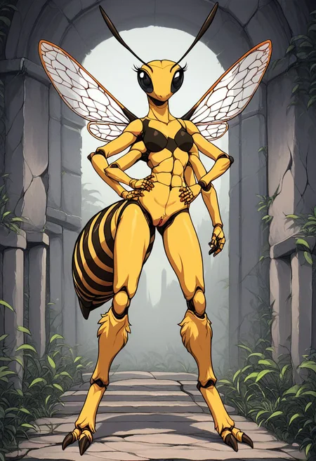 score_9, score_8_up, score_7_up, score_6_up, score_5_up, score_4_up,
source_anime, source_furry, source_cartoon, rating_explicit,
solo, female,
black and yellow body, fur, fluffy, furred body,
anthro,
arthropod, insect, black eyes, exoskeleton, joints,
honeybee,
4 wings, multi wing, wings,
2 antennae, antennae anatomy,
2 toes, toes, feet, digitigrade,
4 arms, 5 fingers, fingers, multi arm,
smile, pose,
ruins,
detailed background, digital art, hi res, detailed, fantasy art,
Vintage, 1990s \(style\), 90s4n1m3, retro artstyle