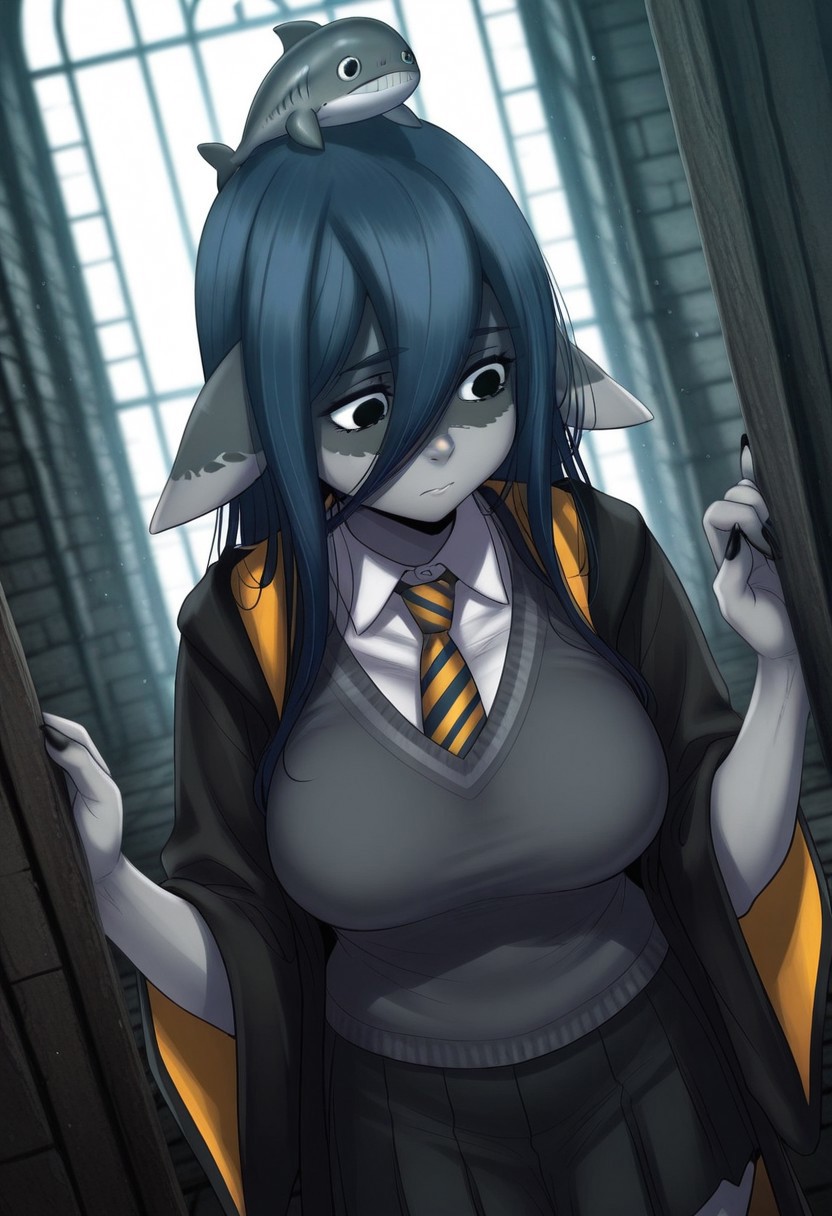 HDR, 8K, high contrast, masterpiece, best quality, amazing quality, very aesthetically pleasing, superabsurd res, high resolution, ultra-detailed, absurdres, latest, landscape, light rays, chiaroscuro, dynamic angle, Dutch angle, close-up, Forneus, 1girl, solo, black eyes, nails, black nails, sharp nails, long hair, hair between the eyes, blue hair, colored skin, multicolored skin, gray skin, fish girl, monster girl, fins, fins on the head, pointed ears, scales, webbed hands, whale tail, <lora:hogwarts-uniform-illustriousxl-lora-nochekaiser:1>, hogwarts uniform, hufflepuff, black robe, necktie, striped necktie, collared shirt, sweater, pleated skirt, grey sweater, dungeon interior, backlighting, partially illuminated, Intricately designed, Mysterious Shadows, BREAK, beautiful detailed eyes, detailed skin, detailed hair, volumetric lighting,