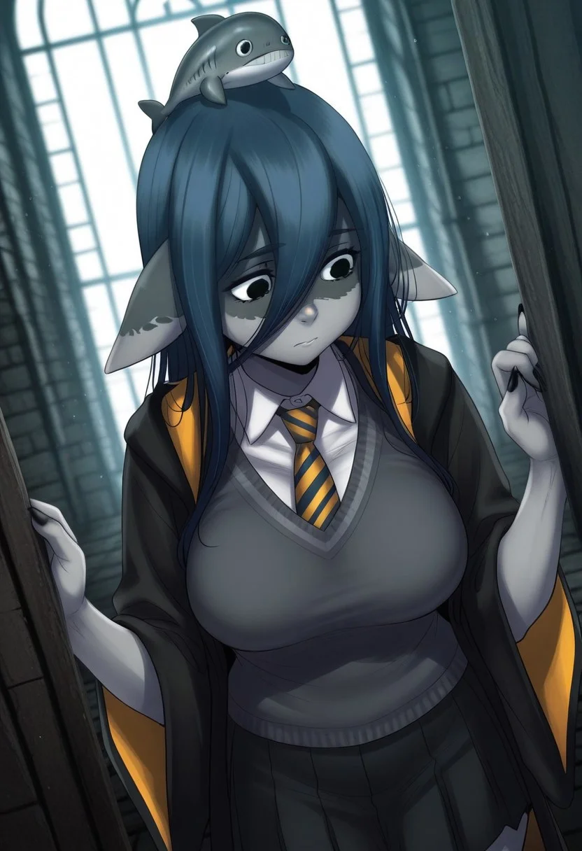 HDR, 8K, high contrast, masterpiece, best quality, amazing quality, very aesthetically pleasing, superabsurd res, high resolution, ultra-detailed, absurdres, latest, landscape, light rays, chiaroscuro, dynamic angle, Dutch angle, close-up, Forneus, 1girl, solo, black eyes, nails, black nails, sharp nails, long hair, hair between the eyes, blue hair, colored skin, multicolored skin, gray skin, fish girl, monster girl, fins, fins on the head, pointed ears, scales, webbed hands, whale tail, <lora:hogwarts-uniform-illustriousxl-lora-nochekaiser:1>, hogwarts uniform, hufflepuff, black robe, necktie, striped necktie, collared shirt, sweater, pleated skirt, grey sweater, dungeon interior, backlighting, partially illuminated, Intricately designed, Mysterious Shadows, BREAK, beautiful detailed eyes, detailed skin, detailed hair, volumetric lighting,