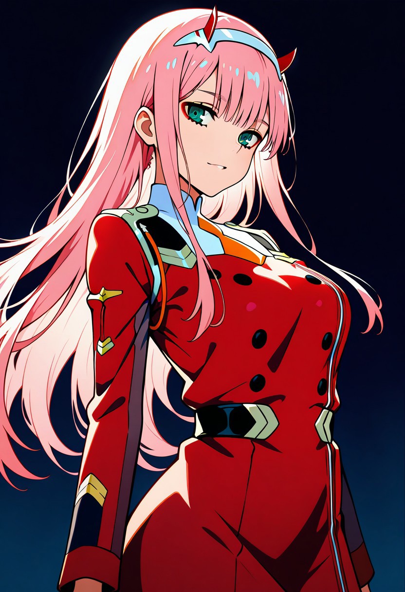 Zero Two (source: Darling in the Franxx), original red uniform, dynamic image, masterpiece, amazing quality, HD32K, vibrant colours, dark background, HD32K, highly detailed