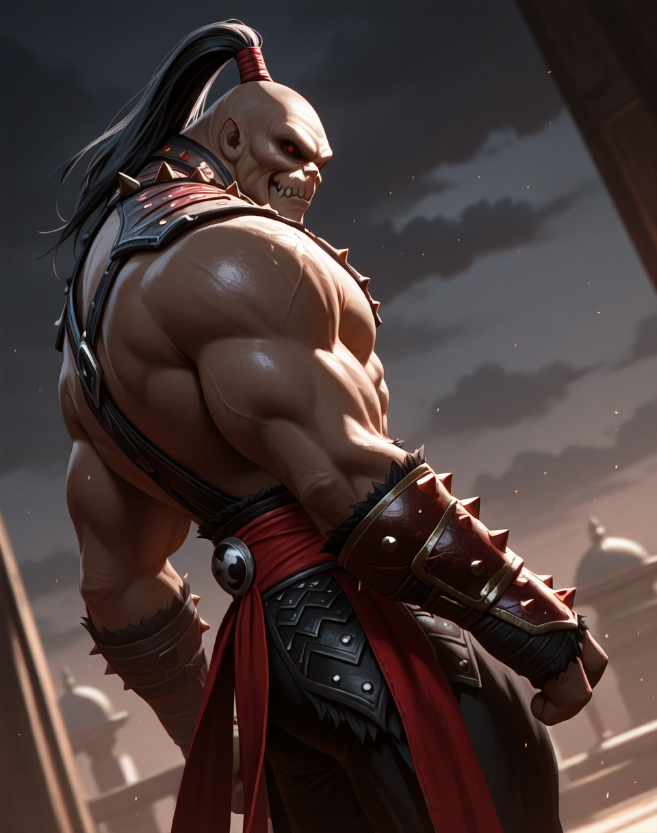 <lora:Goro_(Mortal_Kombat)_(Illustrious)_(AD):1.35> Goro, shokan, Mortal Kombat, 
dutch angle, exterior, palace, dark picture, cowboy shot, dark shadow valley, dark night sky with dark clouds, 
male focus, gradient coloring, villain, side view, butt, 4 arms, 
BREAK very awe, aesthetically pleasing, masterpiece, best quality, amazing quality, very aesthetic, perfect depth of field shot, in'ei, 
Smooth Quality, lazympos, IllustQualXL_Pos,