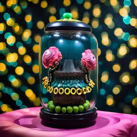 An award winning photograph, half-watermelon half-octopus crammed inside a small glass jar, aboard a futuristic tropical interstellar space craft, 1970s Brazilian Tropicalia science fiction B-movie, moody cinematic lighting backlit light distorted with gravitational lensing