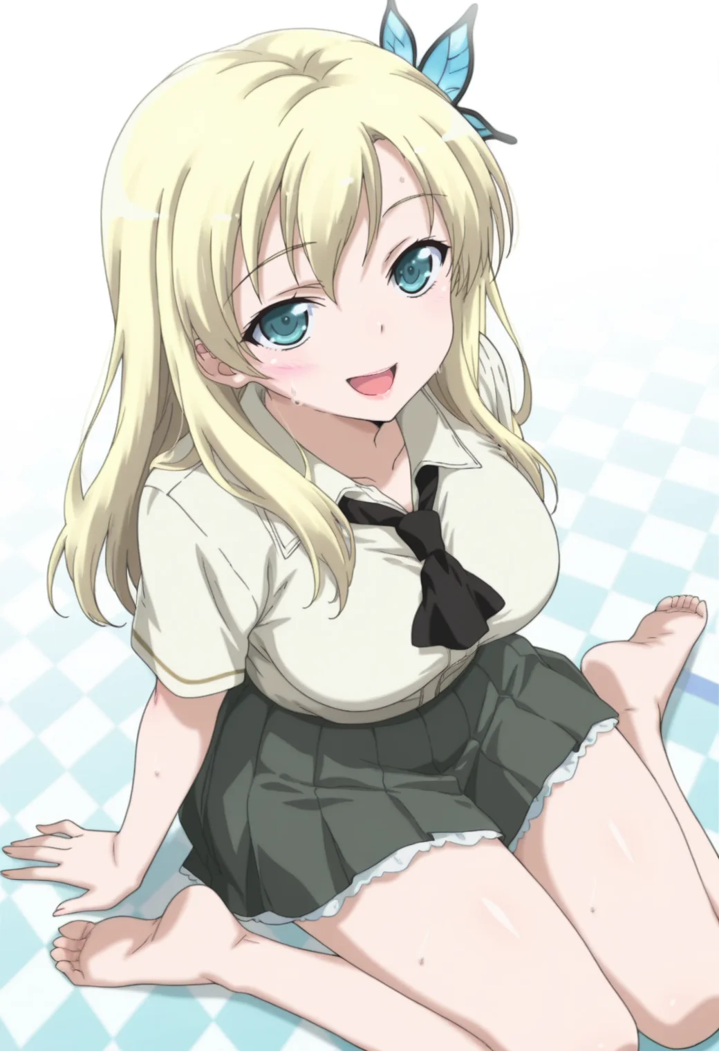anime screencap, anime coloring, ,     <lora:DX888Sena:1> kashiwazaki sena, aqua eyes, blonde hair, long hair, butterfly hair ornament, school uniform, white shirt, ascot, pleated skirt,  BREAK  white background, argyle background,( simple background:1.2), BREAK     1girl, arm support, blush, breasts, feet, from above, looking at viewer, looking up, open mouth, sitting, smile, soles, solo, sweat,
