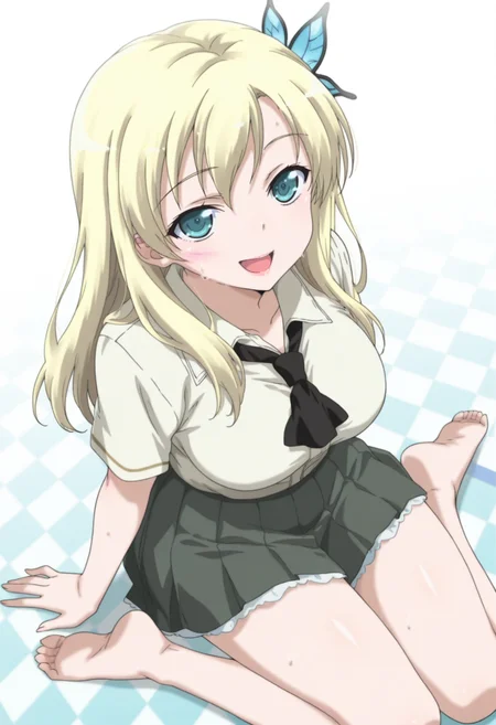 anime screencap, anime coloring, ,     <lora:DX888Sena:1> kashiwazaki sena, aqua eyes, blonde hair, long hair, butterfly hair ornament, school uniform, white shirt, ascot, pleated skirt,  BREAK  white background, argyle background,( simple background:1.2), BREAK     1girl, arm support, blush, breasts, feet, from above, looking at viewer, looking up, open mouth, sitting, smile, soles, solo, sweat,