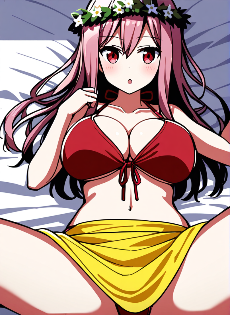 character: Mizuki (ç¾æ), 1girl, solo, lying on bed,spread legs, long hair, pink hair, large breasts,red eyes, white head wreath, :o, yellow sarong, cleavage,collarbone, red bikini, front-tie bikini top,<lora:Mizuki (ç¾æ) v5 (æ­£ååå¾ç¿»è½¬)-000015:1>