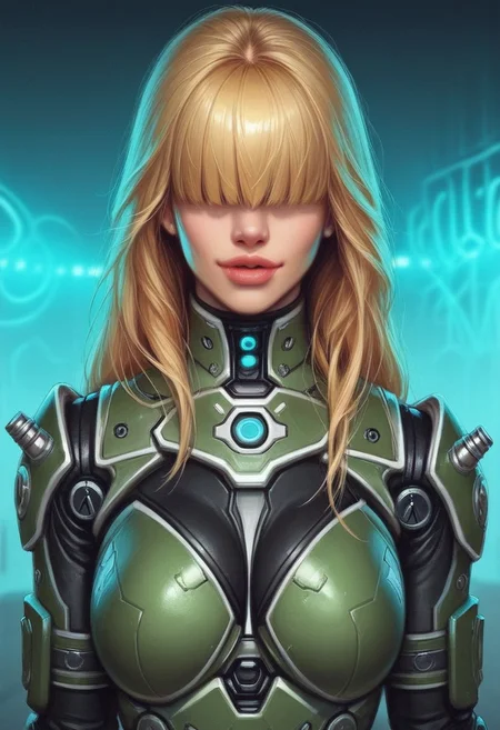1girl, ((front view))), looking at viewer, highly detailed, from front, 1girl, skinny, looking at viewer, masterpiece, best quality,
raw, extremely detailed, hyperrealism, photo, perfect anatomy, <lora:grewishka_alita_pxl:1> source_photo, source_real, robot, cyborg, android, solo, looking at viewer, 1girl, full body, ((special force green camo armor)), high heels, neon_lights, dynamic pose, pistols in hands
BREAK
fang smile, looking at viewer, long hair, ((blonde highlighting hair)), (((hair over eyes, front bangs))), long hair, dynamic pose
best quality, depth of field, bokeh, (((full clothed))), ((special force green camo armor)),
BREAK
((((big futuristic gun in hands)))), (big futuristic pistol in hands:1.3), sc-fi soldier, dynamic pose, military camo armor
(((((rooftop, night city, neon lights))))) score_9, score_8_up, score_7_up, score_6_up, source_cartoon, rating_explicit, Expressiveh, (((((upper body))))), dynamic pose