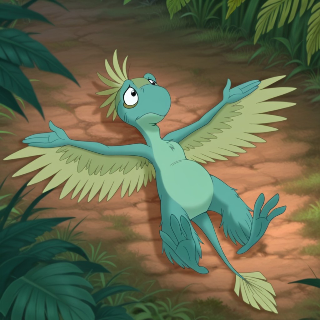 masterpiece, best quality, amazing quality, Guidolbtil, feral, male, Microraptor, green feathers, winged arms, tail, black eyes, jungle, lying, on back, outstretched arms, <lora:f50703e9-7f40-4934-8734-c9effec5d1f7:1.0>