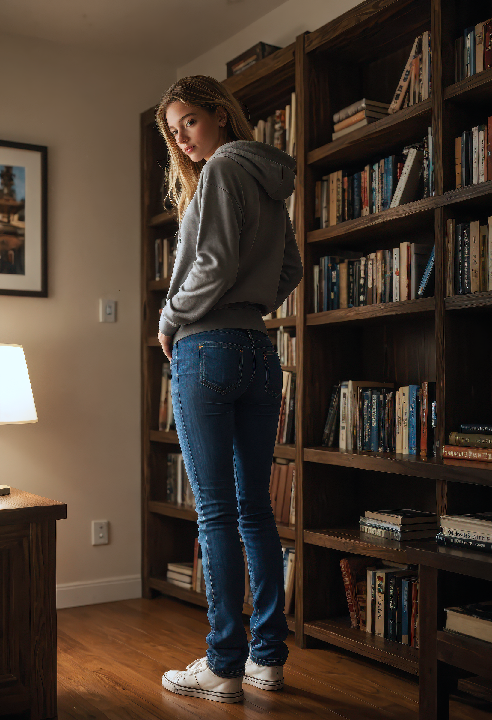 score_9, score_8_up, score_7_up, masterpiece, best quality, ultra-detailed, realistic, realism, lifelike, cinematic lighting, dynamic pose, absurdres, fashion photography, 1girl, jeans, hoodie, bending over, reaching, cozy bookstore interior, rustic wooden bookshelves, warm reading nook, ambient light, warm atmosphere, casual fashion, toned body, soft shadows, candid natural moment, hyperreal details