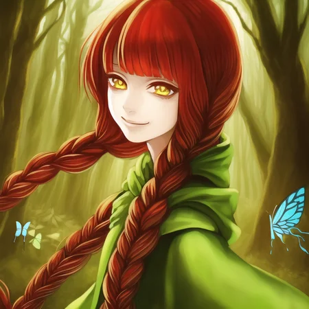 1girl, braid, solo, butterfly, bug, long hair, red hair, twin braids, tree, hood, cloak, forest, looking at viewer, nature, golden eyes, smile, green eyes, night