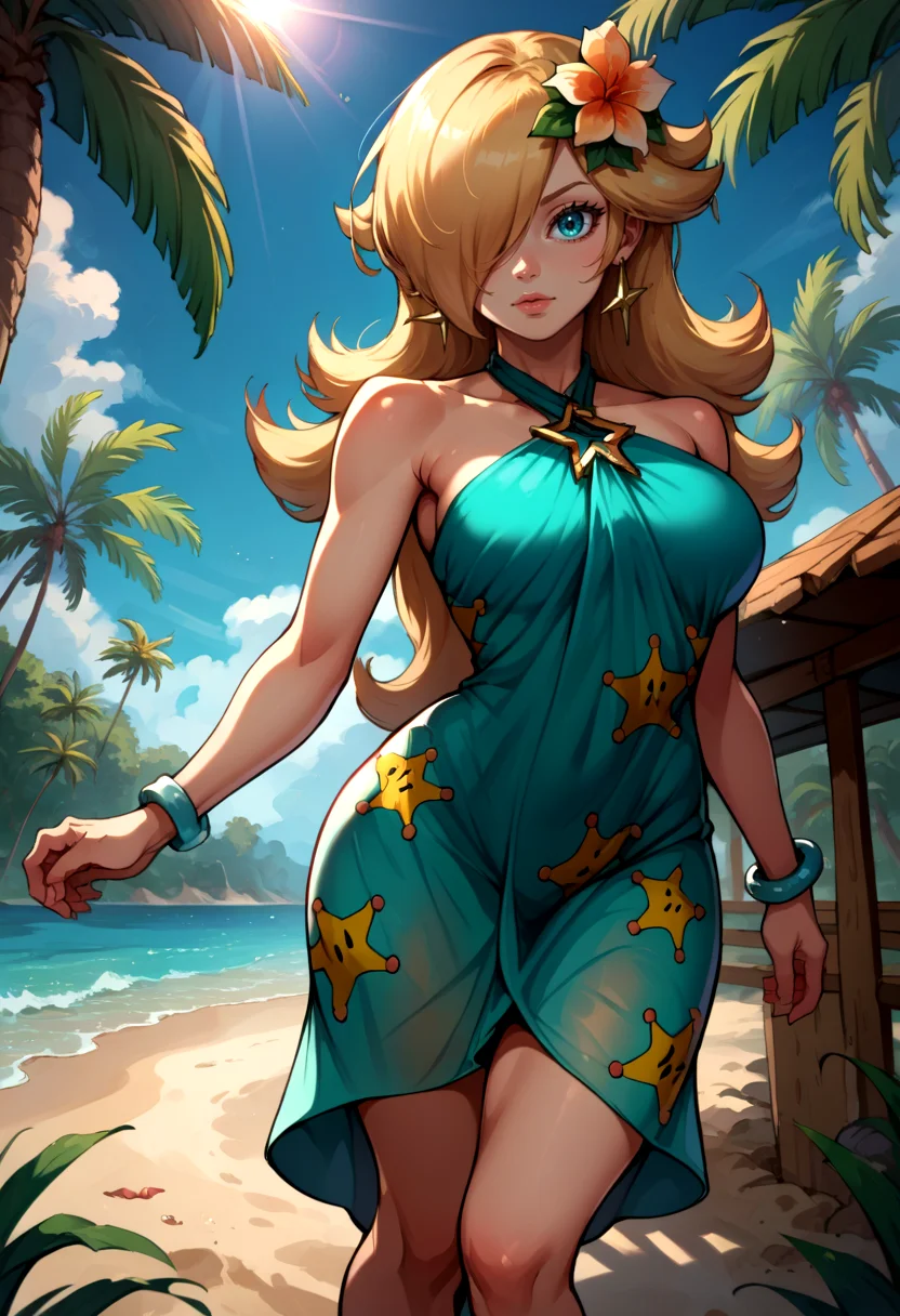 score_9, score_8_up, score_7_up, source_anime, 1girl, RslnSwm, hair over one eye, hair ornament, hair flower, bare shoulders, bracelet, aqua dress, anklet, halterneck, <lora:Rosalina_XLPD:1>, beach, palm trees, detailed water, blue sky, cinematic angle dramatic shadows, vibrant colors, backlighting, depth of field, highleg, contrapposto, toned