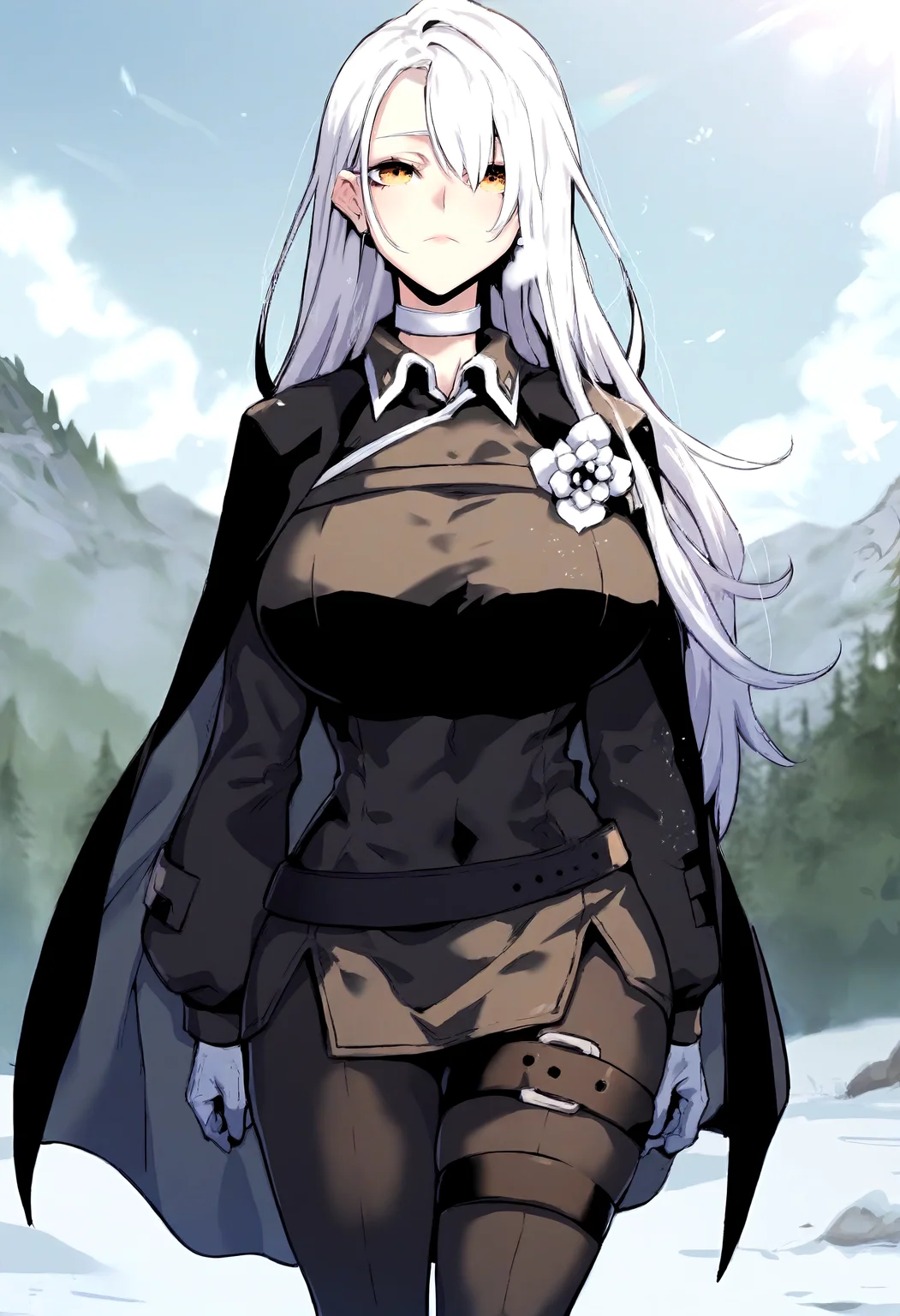 score_9, score_8_up, score_7_up, score_6_up, source_anime, rating_explicit, 1girl, solo, huge breasts, <lora:Dacia Irmel prefectPonyxl:1> long hair, white hair, yellow eyes, white choker, black cape, black jacket, long sleeves, collared, white flower, white gloves, belt, black pants, thigh strap, expressionless, Narrow shoulders, heavy breathing, steaming body, snow field, outdoors, looking at viewer