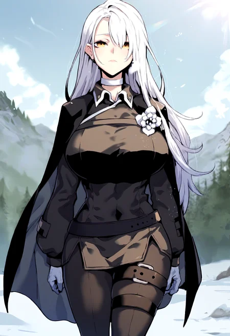 score_9, score_8_up, score_7_up, score_6_up, source_anime, rating_explicit, 1girl, solo, huge breasts, <lora:Dacia Irmel prefectPonyxl:1> long hair, white hair, yellow eyes, white choker, black cape, black jacket, long sleeves, collared, white flower, white gloves, belt, black pants, thigh strap, expressionless, Narrow shoulders, heavy breathing, steaming body, snow field, outdoors, looking at viewer