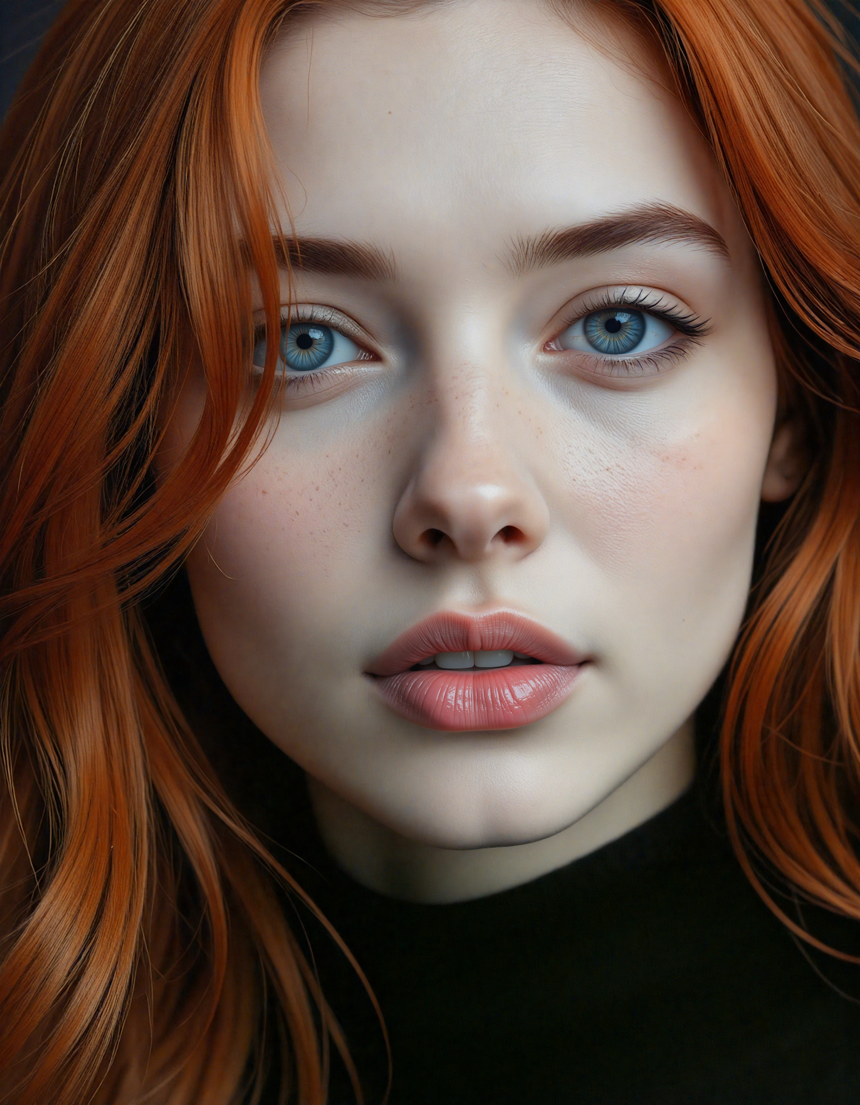 abstract style (dark mood masterpiece Photography:1.2), portrait of a mysterious woman with blue eyes and bold eyeliner looking seductively, smirking, naughty expression, long wavy red hair. The extreme realism focuses on her detailed skin, showing fine textures and natural highlights. photography masterpiece, modern, irresistible beauty, fuzzy lighting, dark mood, unusual composition, use of negative space, (rule of thirds composition), simmetry , mysteriouse, emotional, flirting, (fine erotic content:0.65), groundbreaking unrivaled opus with unrivaled details, (Marines Blue color scheme), highly detailed, melancholic, low-light hyper detailed photography, catchlights, from below, long shot,seen from below view,style by ryohei hase,canon 5d mark 4,backlighting . non-representational, colors and shapes, expression of feelings, imaginative, highly detailed
