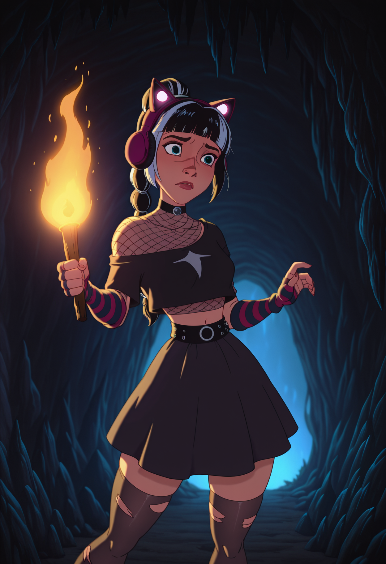 masterpiece, best quality, amazing quality, 1girl, solo,
ggheart , scar on face,
braid, bangs, multicolored hair,
cat ear headphones, skirt, striped gloves, , crop top, fishnets, torn thighhighs, , 
<lora:ggShadowheart_illustrious_byJaneB:1>
, DisneyRenstyle,  holding torch, cave, magic, dungeon, <lora:Disney_Renaissance_Illustrious:1>