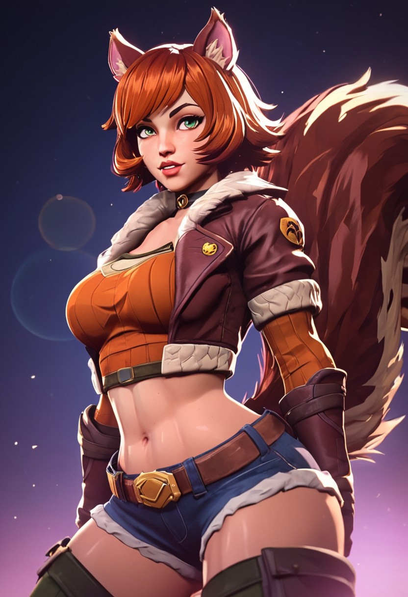 score_9, score_8_up, score_7_up, score_6_up, NLSTN, glowing, dark, ARKN2, (shallow depth of field), partially covered in shadow, 
suggestive pose, dynamic pose, sheer, dim light, (lens flare), and more, steamy, Detailed, close-up, 
BREAK
SQUIRREL GIRL (MARVEL RIVALS), FEMALE, BIG THIGHS, SQUIRREL GIRL UNIFORM, HAS A SQUIRREL TAIL, HAS SQUIRREL EARS, HAZELNUT EYES, BELLY SHOWING, portrait, uper body portrait,