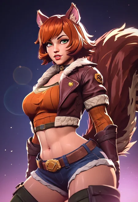 score_9, score_8_up, score_7_up, score_6_up, NLSTN, glowing, dark, ARKN2, (shallow depth of field), partially covered in shadow, 
suggestive pose, dynamic pose, sheer, dim light, (lens flare), and more, steamy, Detailed, close-up, 
BREAK
SQUIRREL GIRL (MARVEL RIVALS), FEMALE, BIG THIGHS, SQUIRREL GIRL UNIFORM, HAS A SQUIRREL TAIL, HAS SQUIRREL EARS, HAZELNUT EYES, BELLY SHOWING, portrait, uper body portrait,