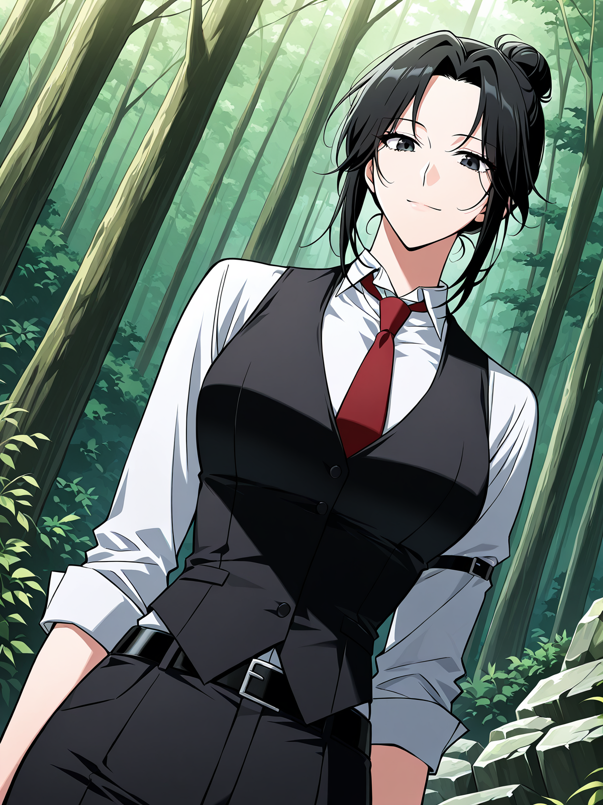 <lora:Omniscient_Readers_Viewpoint__Jung_Heewon:1>
1 girl, solo, black hair, long hair, black eyes, tied hair, hair bun, 
white shirt, red necktie, black vest, black pants, black belt, formal outfit, sleeveless vest, rolled-up sleeves, 
score_9, score_8_up, score_7_up, very aesthetic, source_anime, detailed, high quality, beautiful, masterpiece, detailed eyes, forest, tree, ruins, cowboy shot, dynamic angle, upper body, light smile, dynamic pose