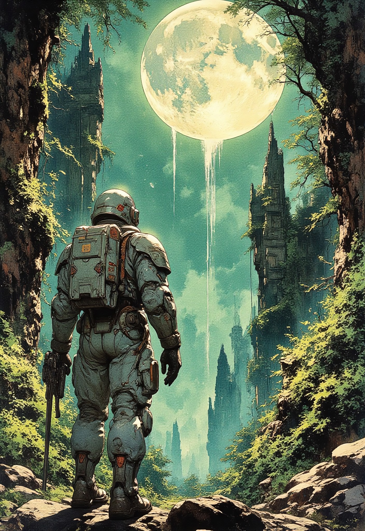 A lone astronaut in a detailed, retro-futuristic spacesuit explores an overgrown jungle on an alien planet. Ancient ruins covered in moss and vines emerge from the dense foliage. The atmosphere is mysterious, with a glowing full moon casting soft green light. The illustration is in a high-detail graphic novel style, with a mix of science fiction and biopunk aesthetics