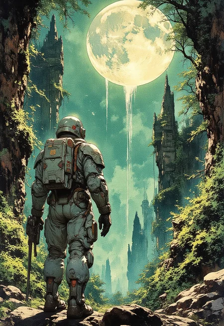 A lone astronaut in a detailed, retro-futuristic spacesuit explores an overgrown jungle on an alien planet. Ancient ruins covered in moss and vines emerge from the dense foliage. The atmosphere is mysterious, with a glowing full moon casting soft green light. The illustration is in a high-detail graphic novel style, with a mix of science fiction and biopunk aesthetics