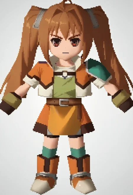 score_9, score_8_up, score_7_up, source_anime BREAK 1girl, solo,
<lora:zs_FFVIIChibisXL_1:1> ffviichibis, chibi, standing, full body, white background
<lora:estelle-pdxl-nvwls-v1:1> scEstelle, twintails, cropped jacket, orange and white jacket, green shoulder pad, tan shirt, orange skirt, belt, white thighhighs, brown gloves, orange boots,