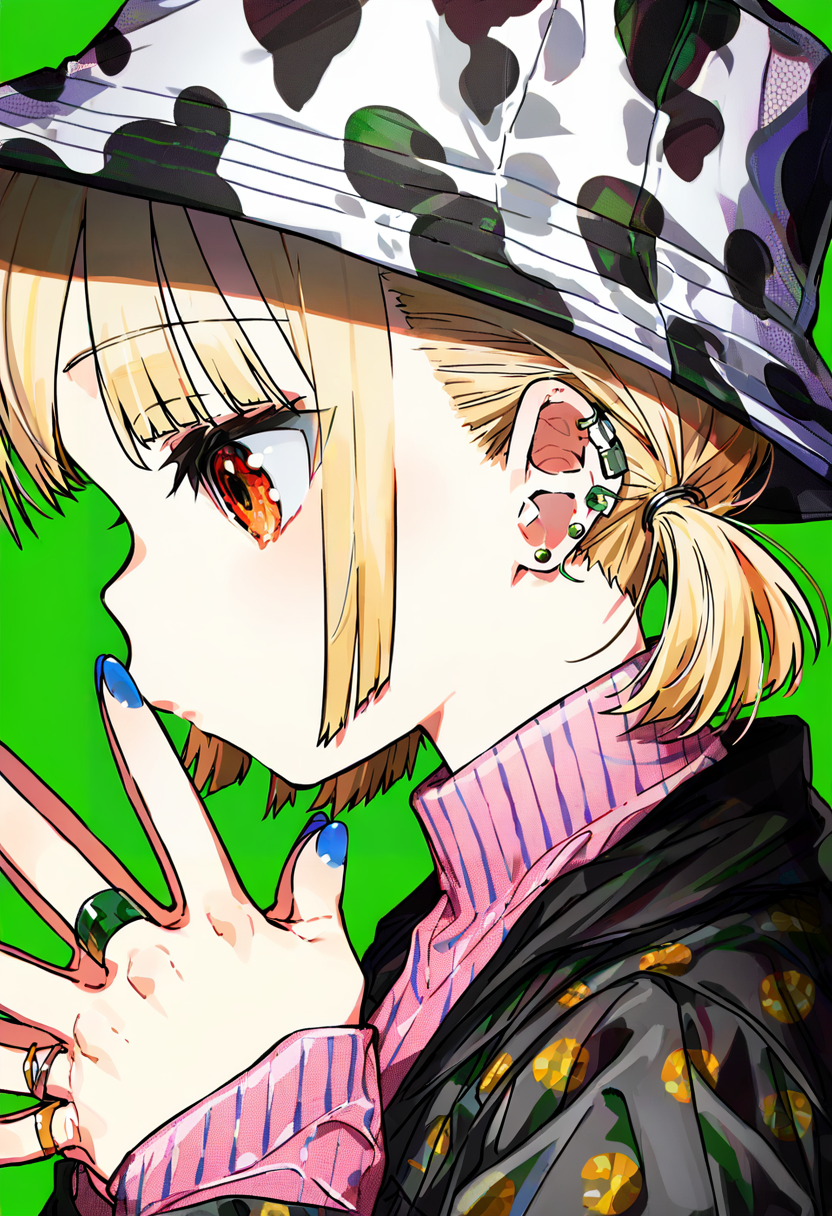 1girl, solo, blonde hair, jewelry, hat, earrings, ring, green background, ear piercing, piercing, sweater, from side, short twintails, upper body, nail polish, long sleeves, profile, simple background, hands up, bangs, jacket, turtleneck, animal print, blue nails, own hands together, pink sweater, twintails, black jacket, orange eyes <lora:mikaXL_NBVP1_lokr_V6311PZ:0.95>