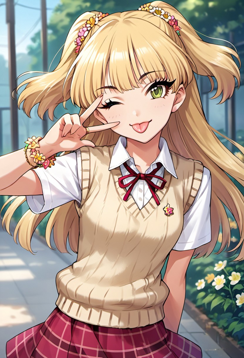 score_9, score_8_up, score_7_up, source_anime,jougasaki rika, long hair, blonde hair, two side up, green eyes, 1girl, solo, tongue, one eye closed, tongue out, bracelet, sweater vest, jewelry, flower bracelet, skirt, v, eyelashes