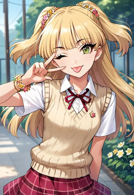 score_9, score_8_up, score_7_up, source_anime,jougasaki rika, long hair, blonde hair, two side up, green eyes, 1girl, solo, tongue, one eye closed, tongue out, bracelet, sweater vest, jewelry, flower bracelet, skirt, v, eyelashes