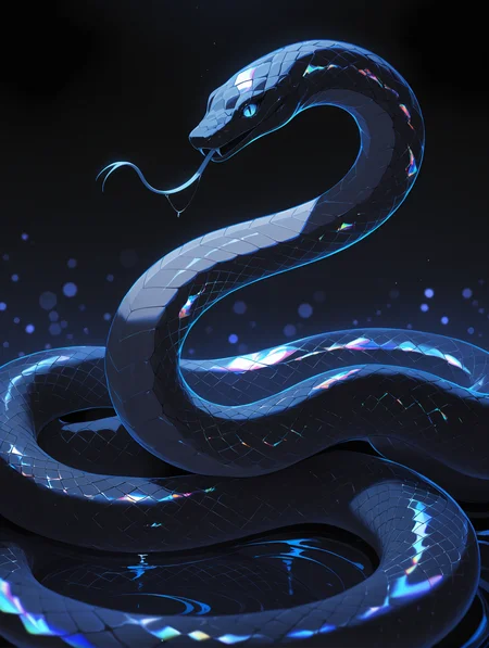 imaginative_art, masterpiece, best quality, ultra-detailed, absurdres, newest, detailed textures, correct anatomy, no humans, snake, close-up, intricate scales, (iridescent scales:1.3), (shimmering:1.2), dark background, bokeh lights, detailed texture, high contrast, dark tones, mesmerizing patterns, snake's head in focus, dark blue and black scales, (reflective scales:1.2), scattered small white and blue lights, elegant, mysterious, ethereal, almost abstract, sense of movement, sleek and shiny, macro photography, natural beauty, stunning, captivating, dark ambiance, nocturnal vibe, hypnotic gaze, dark shadows, light reflections, slit pupils, forked tongue, absurdly long snake, uroboros, sparks,masterpiece,best quality,newest,absurdres,highres,very awa,