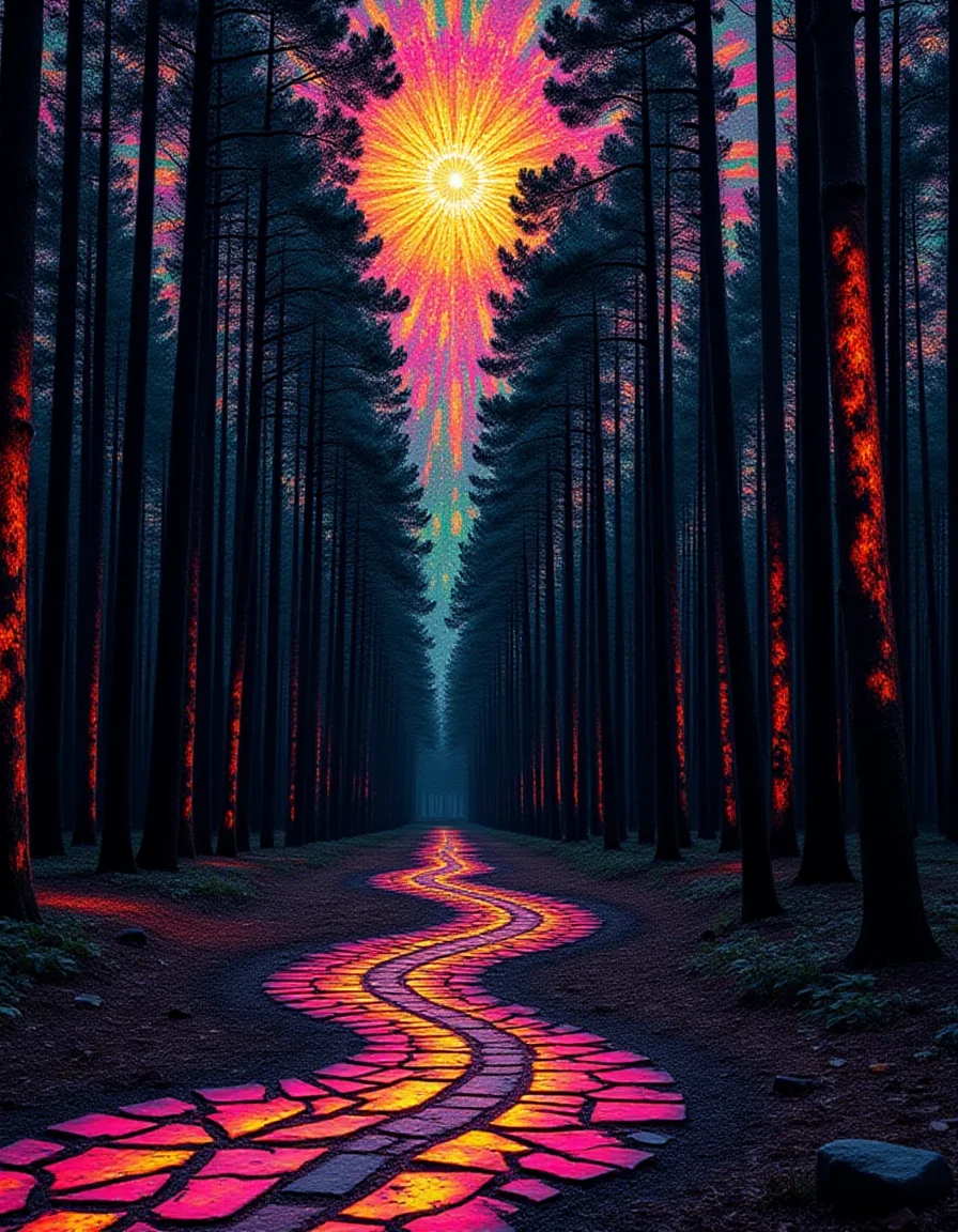 A dense forest made entirely of burned mosaic patterns stretches endlessly. Each tree trunk, branch, and leaf is a flat, blackened patch etched with glowing geometric shapes in vibrant pinks, greens, and yellows. The forest floor is scorched with swirling paths of light that mimic flowing rivers, while the sky above is a vast, kaleidoscopic dome reflecting the burned mosaic patterns below.
<lora:ral-brndptch_000002000:1>