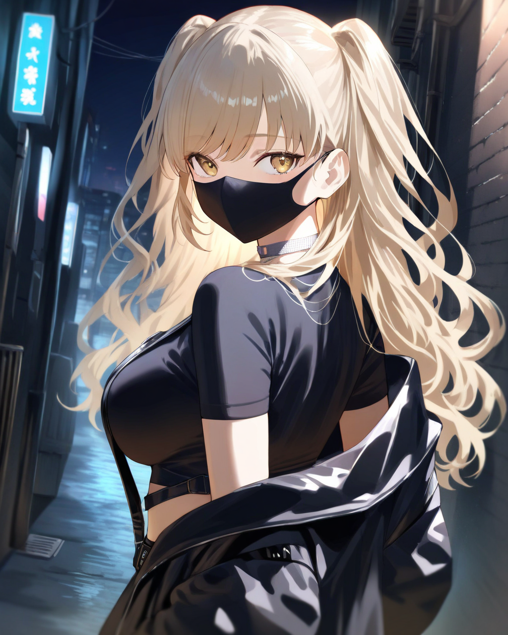 1girl,
SisterClaireNijisanji,
safe, dutch angle, from behind,
long hair, two side up, wavy hair,
mouth mask,
looking back,
choker, 
black jacket, open jacket, 
black shirt, cropped shirt,
breasts, 
night, neon, alley, wall,
depth of field,
<lora:kp_SisterClaireNijisanji9thCostumeAnimagineXL_v1_1:1.0>,
masterpiece, high score, great score, absurdres