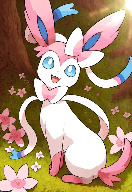score_9, score_8_up, score_7_up, score_6_up, score_5_up, score_4_up, source_anime, high quality, extremely detailed, best quality BREAK
forest, grass, sunbeam, leaves, (pink flowers:1.7), (pink sparkles:1.4), wildflowers, lens flare
SYLV30N, white body, pink paws, pink tail, pink ears, long ears, blue inner ears, ribbon-like feelers, quadraped, light blue eyes, colored sclera, (solo:1.4), detailed eyes
<lora:Vaporeon_Pokemon_Pony:1>
sitting, head tilt, looking at viewer, smile, happy, smile, open mouth, facing viewer, fangs
sideview, from side <lora:Sylveon-000012:1>
sylveon