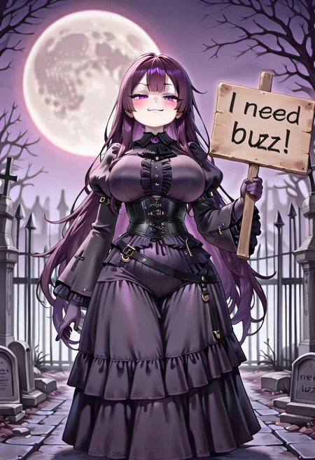 masterpiece, need_buzz, holding sign, anime, 1girl, dark purple hair, smug, gradient background, (shortstack:1.3), tall girl, purple eyes, super long large hair, albino skin, pale violet clothes, frills, belt dress, large puffy sleeves, dark purple dress, juliet sleeves, pale violet gloves, gothic, corset dress, c3m3t3ry, outdoors, tombstones, graveyard, cross, full moon, bare trees, iron fence, sfw, large breast, cat ear
