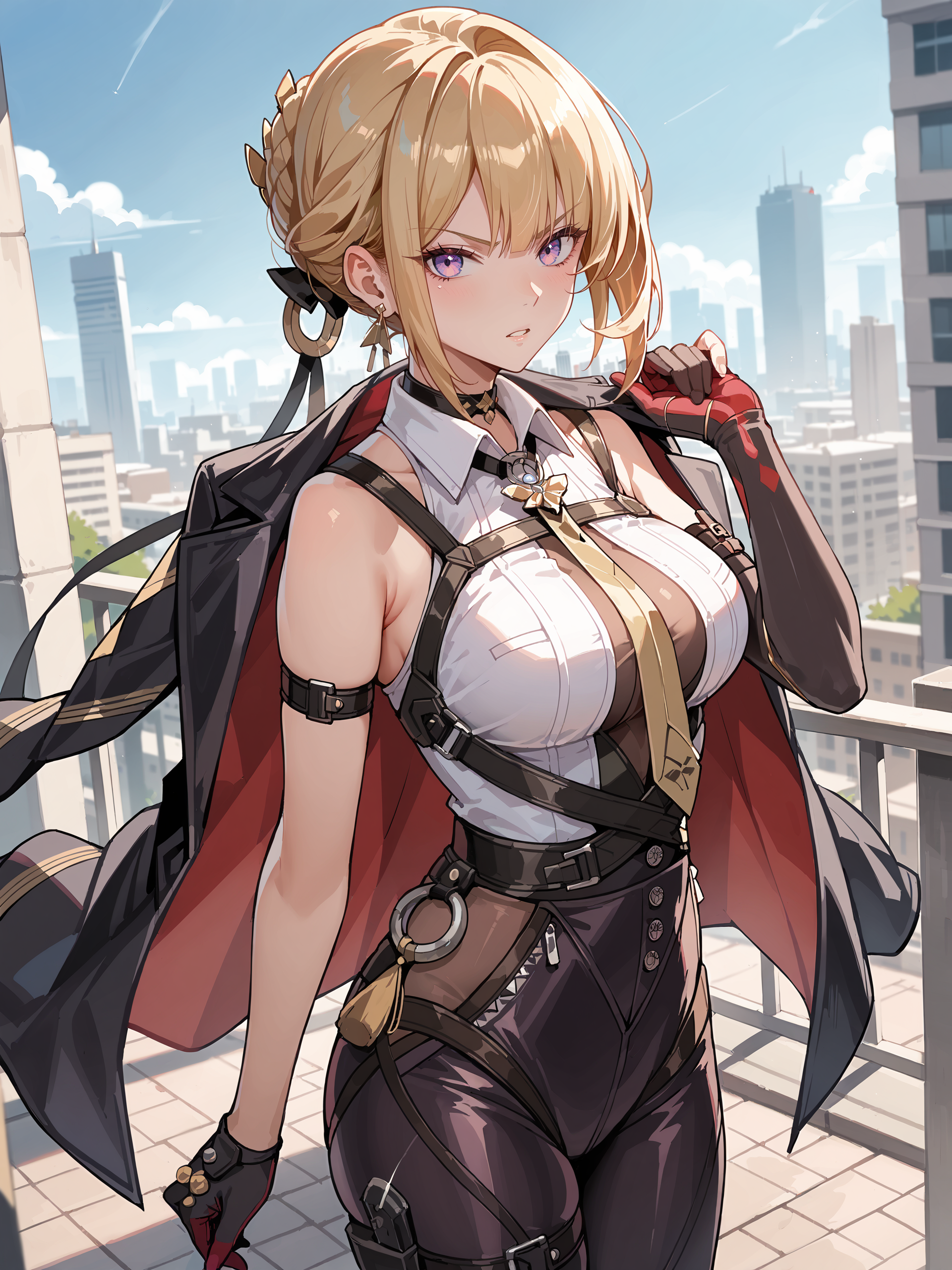 score_9, score_8_up, score_7_up, source_anime, ray tracing, best quality,  <lora:Style-Expressive_H-pony:0.8:hr=0.4>,  <lora:Char-ZZZ-Evelyn-V1-Pony:0.9:hr=0.6>, 1girl, solo, evelyn chevalier, braided bun, hair up, black hair ribbon, earpiece, thigh holster, high-waist tight pants, black gloves, collared sleeveless shirt, chest harness, arm strap, single gauntlet, yellow necktie, pendant choker, looking at viewer, glaring, parted lips, rooftop, cityscape, skyline, outdoors, depth of field, standing, cowboy shot, black coat, coat on shoulders,