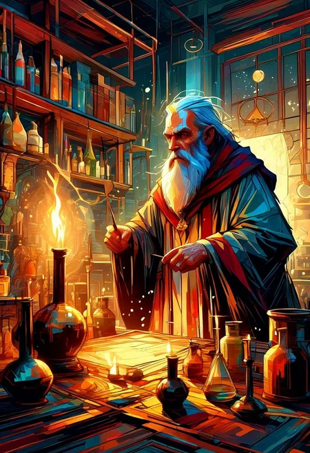 An elderly alchemist with a long white beard and tattered robes mixes potions in a candle-lit laboratory. Shelves of strange ingredients, bubbling cauldrons, mystical symbols, parchment scrolls, extreme close-up, portrait, warm, golden light.