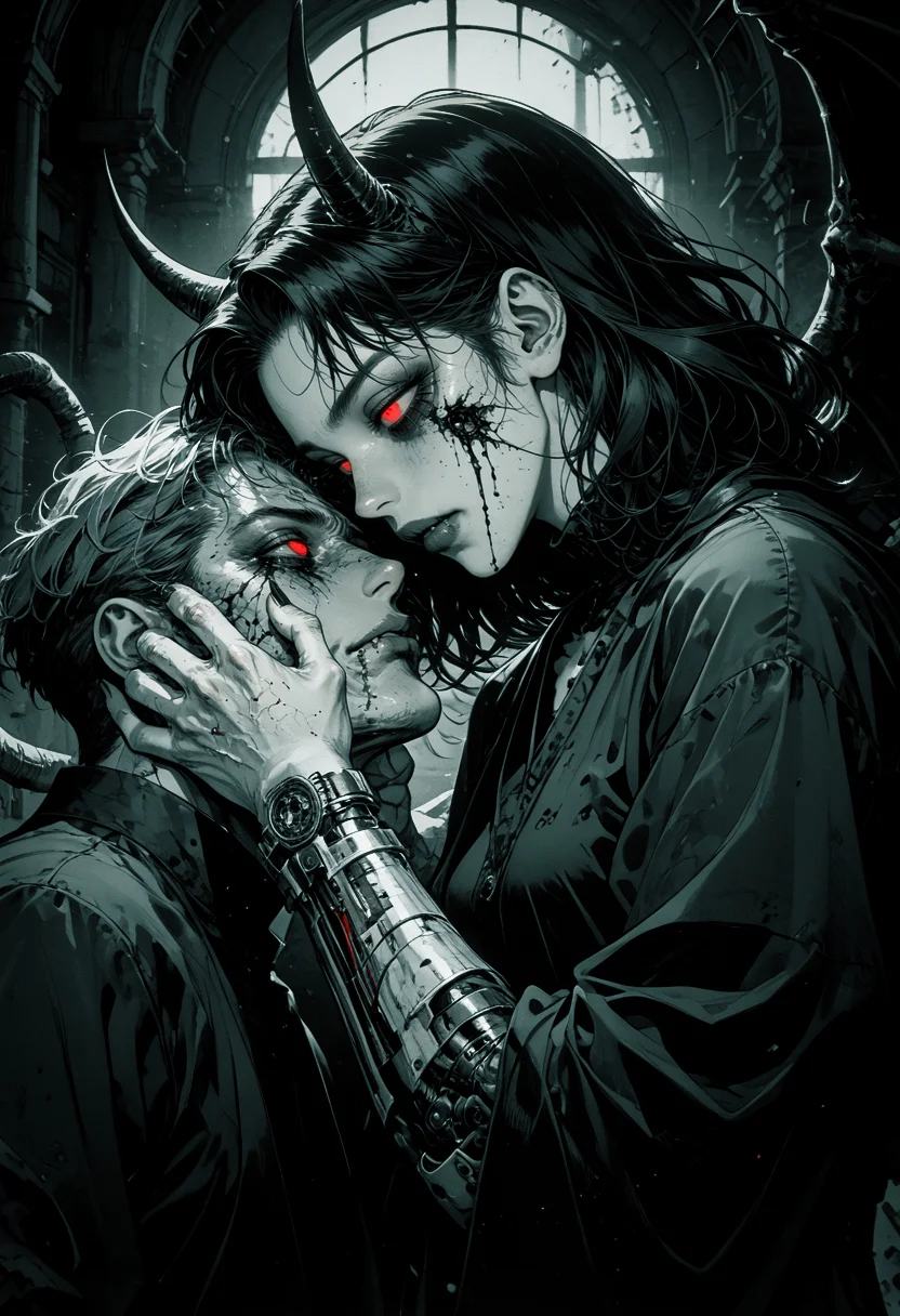 score_9, score_8_up, score_7_up, 1girl, red eyes, half closed eyes, spot color, cowboy shot, black finger nails, 1boy, monochrome, greyscale, horns, fang, closed mouth, fingernails, blood, no pupils, blank eyes, demon, horror (theme), dark aesthetic, wings, from side, mechanical arm, holding sword, <lora:sdxl_lightning_8step_lora:0.9><lora:Art_Adams_Style_Pony_XL:0.5><lora:Dark_Anime:0.2><lora:glowneon_xl_v1:0.4> <lora:nostalgia-000011:0.3> <lora:GRIM_v1:0.4> <lora:Sinozick2:0.3>