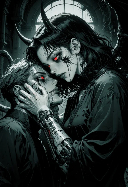 score_9, score_8_up, score_7_up, 1girl, red eyes, half closed eyes, spot color, cowboy shot, black finger nails, 1boy, monochrome, greyscale, horns, fang, closed mouth, fingernails, blood, no pupils, blank eyes, demon, horror (theme), dark aesthetic, wings, from side, mechanical arm, holding sword, <lora:sdxl_lightning_8step_lora:0.9><lora:Art_Adams_Style_Pony_XL:0.5><lora:Dark_Anime:0.2><lora:glowneon_xl_v1:0.4> <lora:nostalgia-000011:0.3> <lora:GRIM_v1:0.4> <lora:Sinozick2:0.3>
