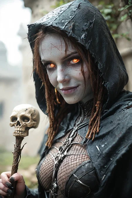 score_9, score_8_up, score_7_up, 1girl, violet_aa, grey skin, long black roots green dreadlocks hair, brown hair, hood up, fishnet clothes, necromancer, curious looking, sardonic smile, hourglass body, large breasts, black iron scepter, holding a glowing skull, cemetery crypts background, dark theme, medium full shot, hkevil, embedding:easynegative:1.1, perfecteyes, Expressiveh, Hand, detailed, perfect, perfection, hands, <lora:Expressive_H:0.6>, <lora:BeautyInEvilPony:0.8>, <lora:add-detail-xl:0.6>, <lora:Perfect Hands:0.7>, <lora:perfect-eyes:0.6>, <lora:violet_aa_v4:1>