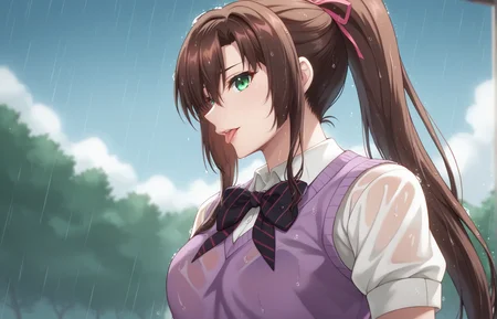 score_9, score_8_up, score_7_up, BREAK source_anime, KacyuV9XL, KSayakaV4XL, 1girl, (looking down:1.4), looking at viewer, rain, solo, sweater vest, wet, bow, school uniform, parted lips, shirt, blurry, blurry background, bowtie, upper body, profile, white shirt, blurry background, outdoors, wet hair, rainy day, see-through, black bra, clouds, high ponytail, tongue out, <lora:KSayakaV4XL-TEST4:0.8>, <lora:KacyuV9XL-04:1>