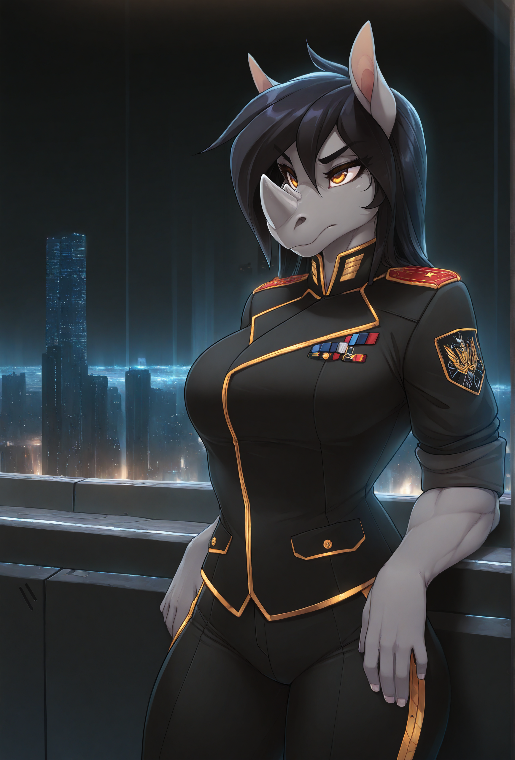 (masterpiece, best quality, very aesthetic, absurdres:1.2), <lora:fluffkevlar_style_illustrious_v1.7:1>, fkstyle, 1girl, solo, furry, rhinoceros, grey skin, amber eyes, muscular female, muscular, sleeves rolled up, black jacket, black pants, black hair, military uniform, black background, black theme, city, gold trim, science fiction,
